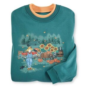 Country Store Scarecrow Harvest Fall Teal Inset Collar Pullover Crewneck Sweater